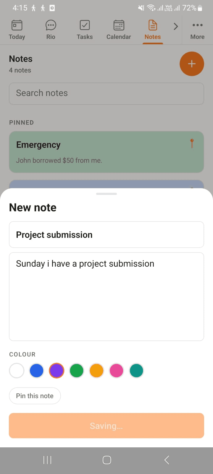 Creating a new note with colour and pin options