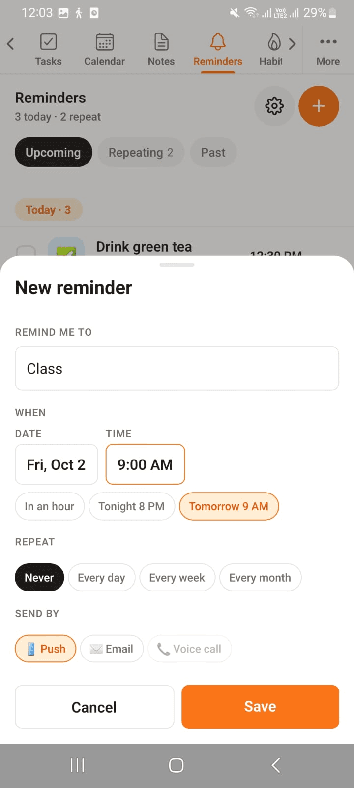 Creating a new reminder with repeat options