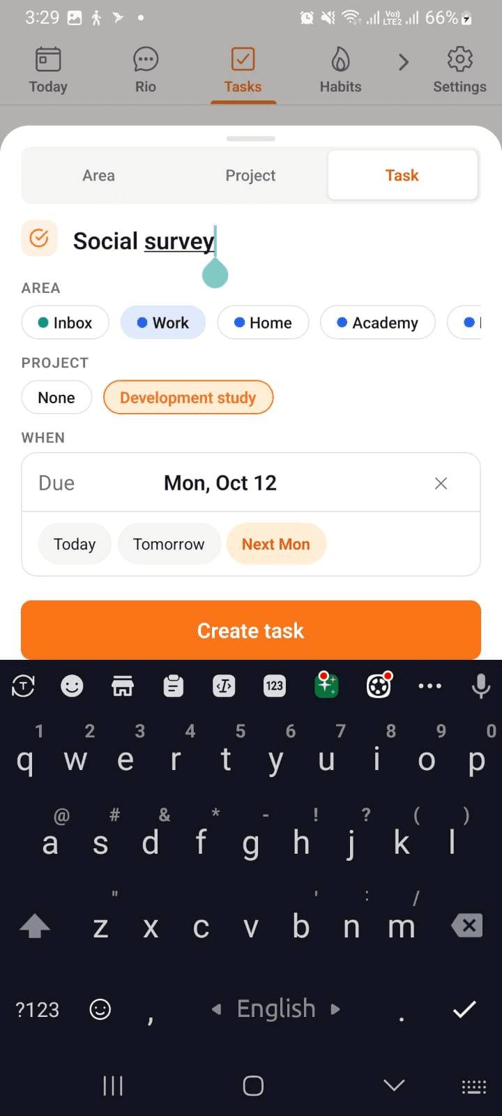 Creating a task under a project inside an area
