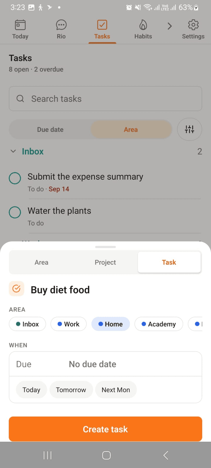 Creating a task under an area