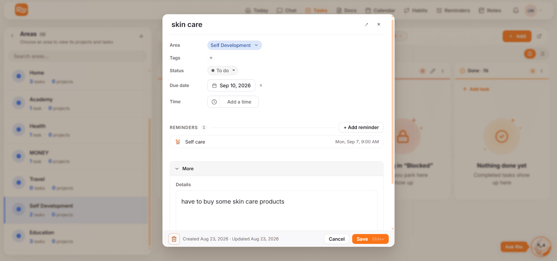 Editing a task - title, date, area, description