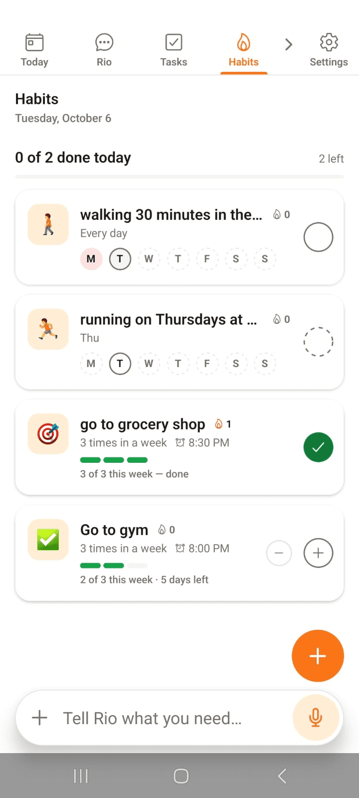 The Habits page with today's score and every habit