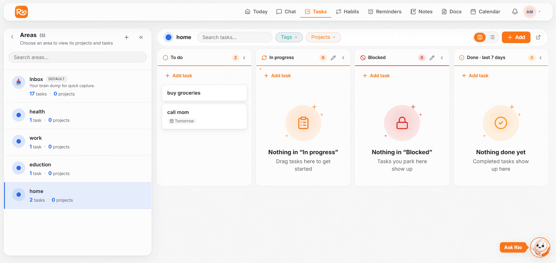 Areas in the sidebar, and the tasks inside an area
