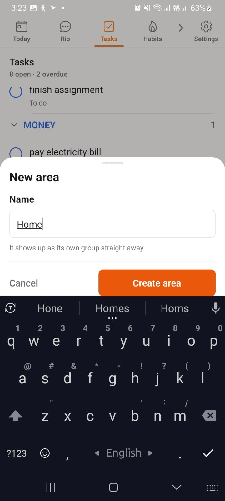 Creating a new area