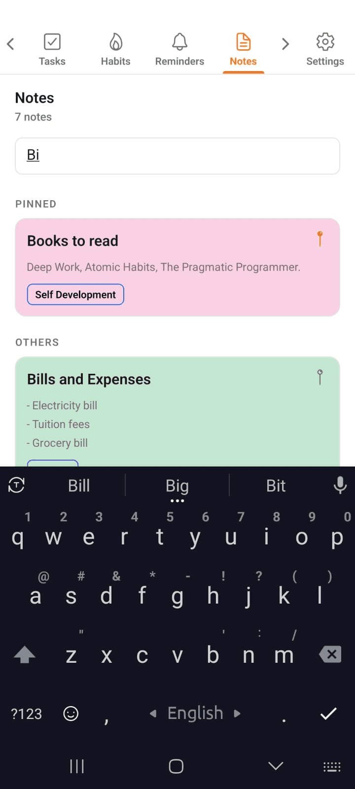 Searching notes by keyword