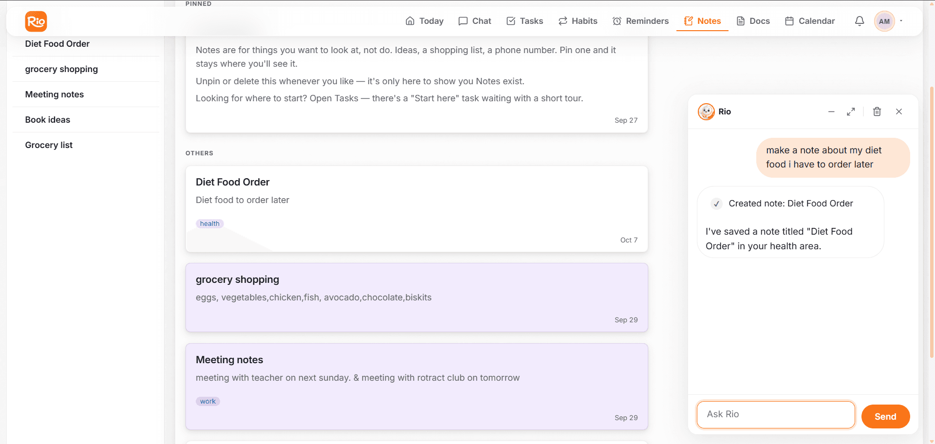 Create a note by chat - Rio saves it instantly