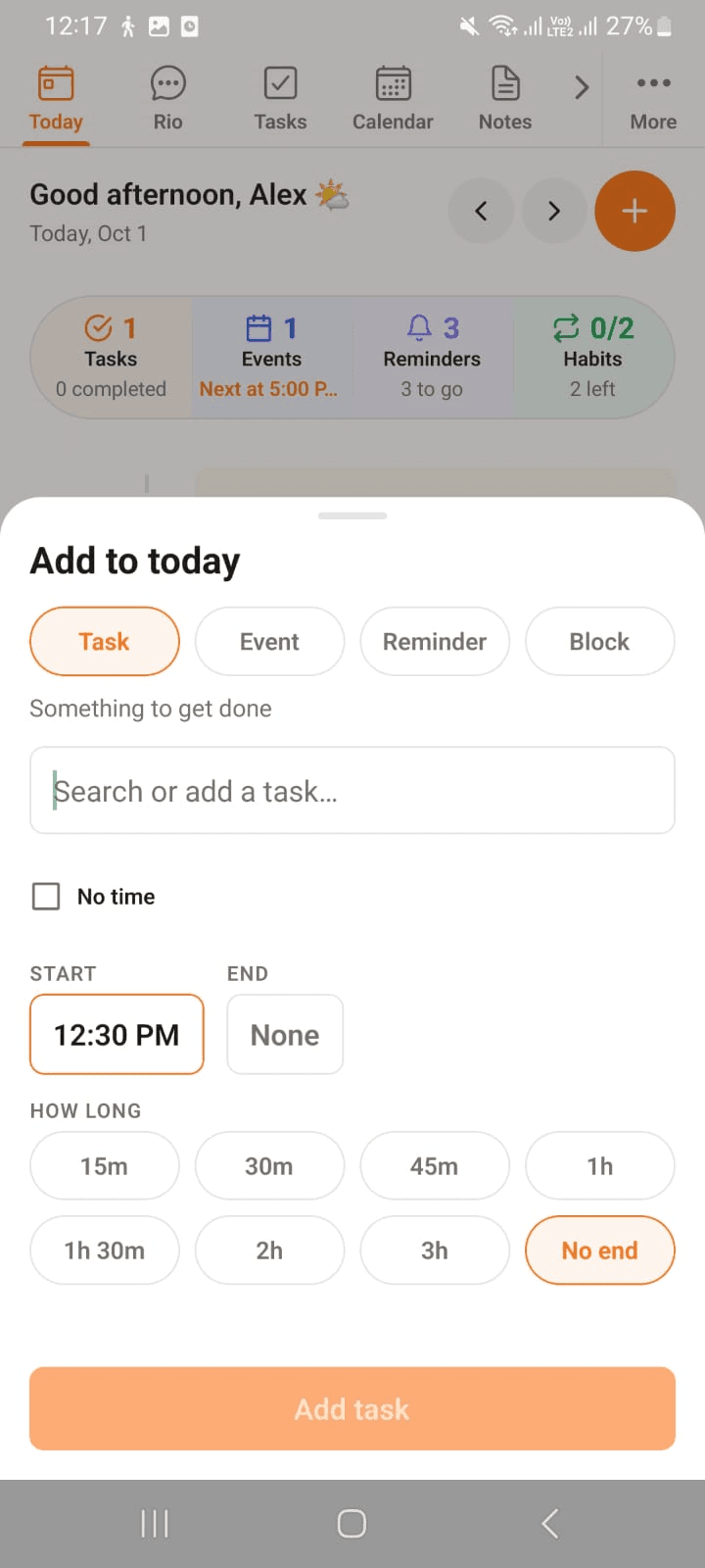 The add sheet with Task, Event, Reminder and Block options