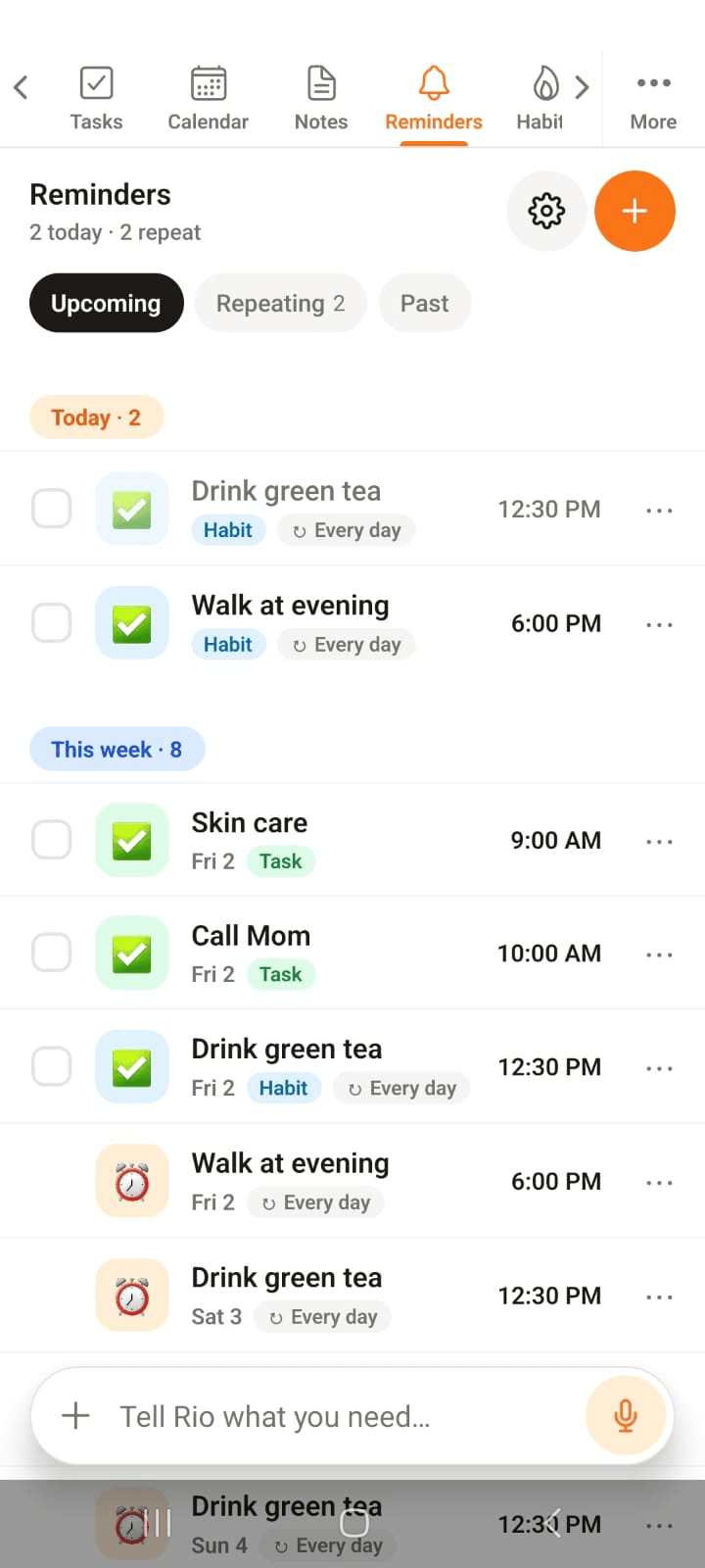The Reminders page with Today and This week groups