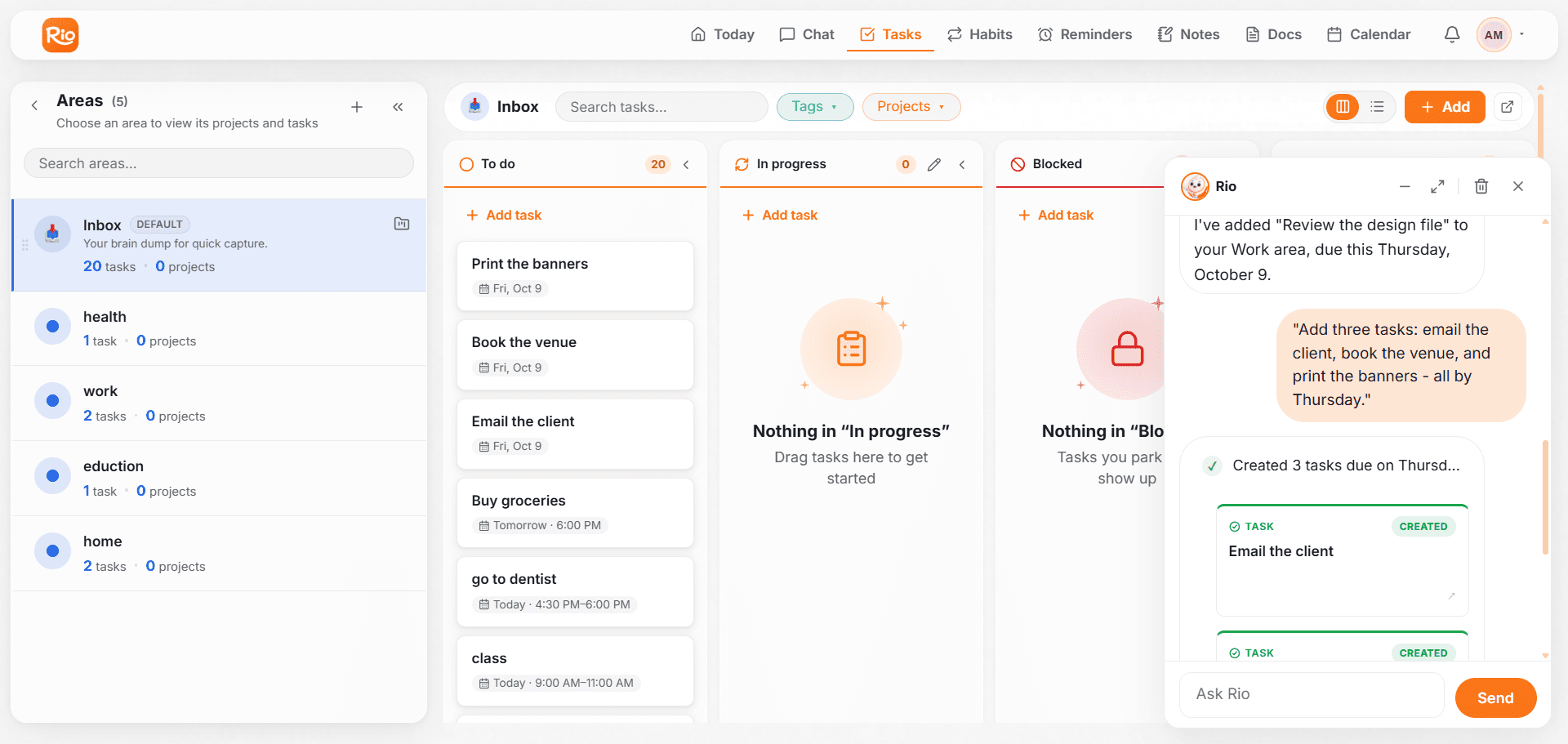 Rio creates three tasks from one message