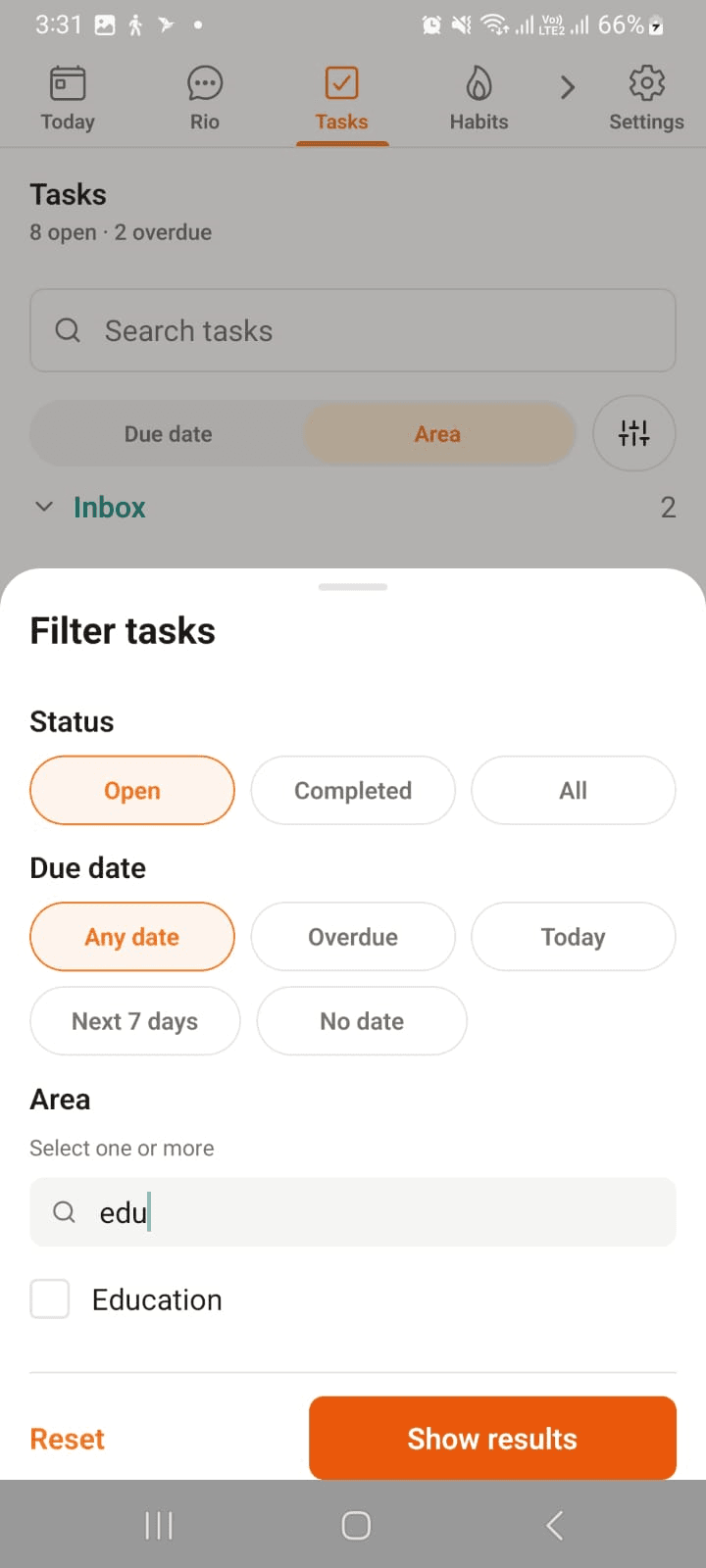 Filtering by area with its own search