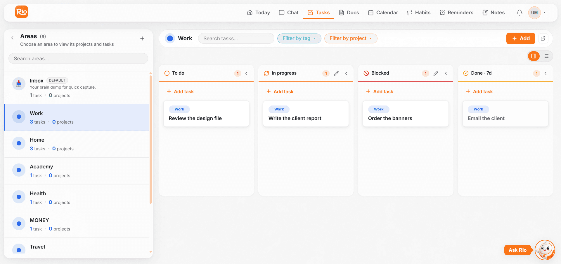 Tasks across all four statuses