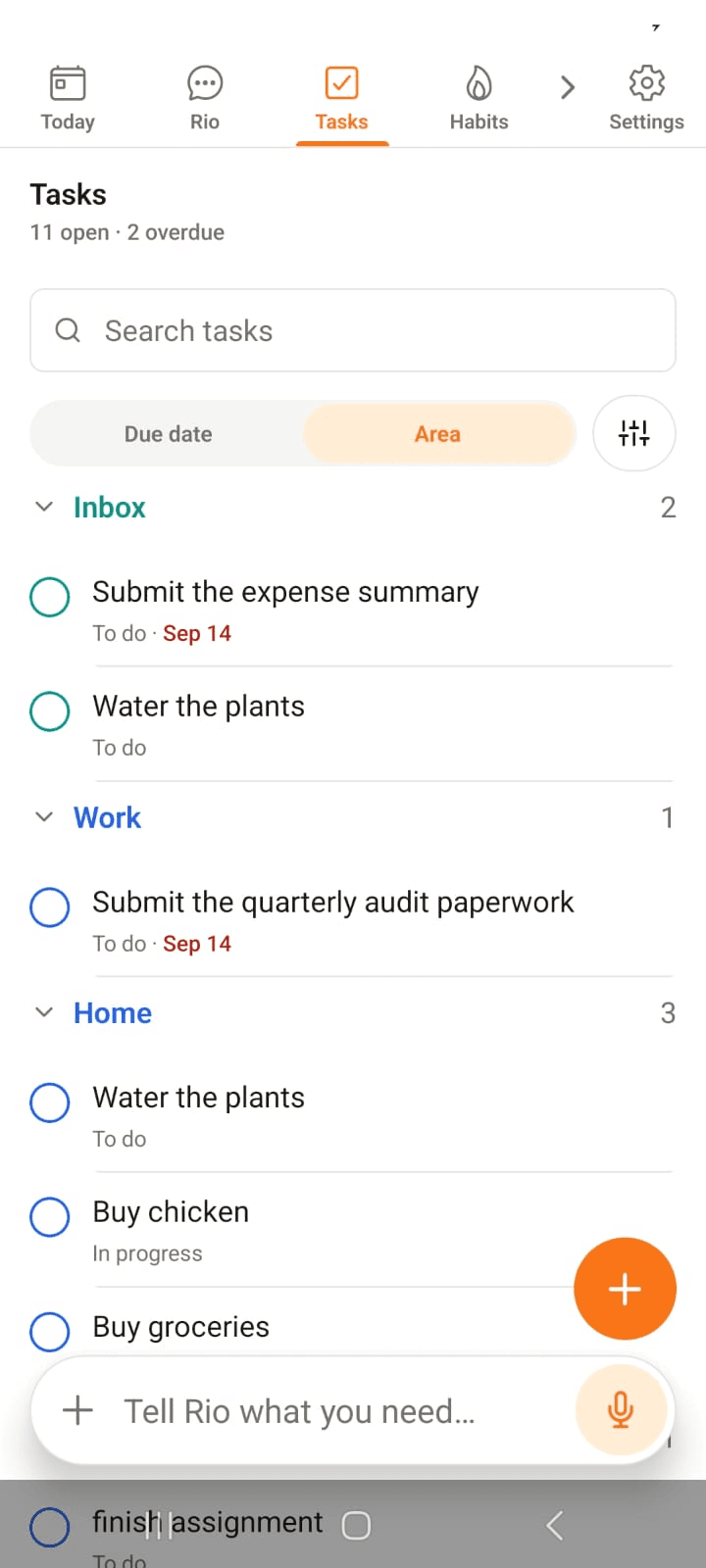 Tasks grouped by area