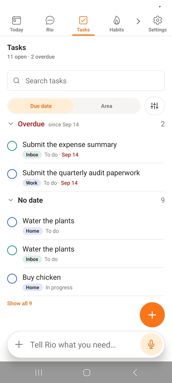 Tasks grouped by due date