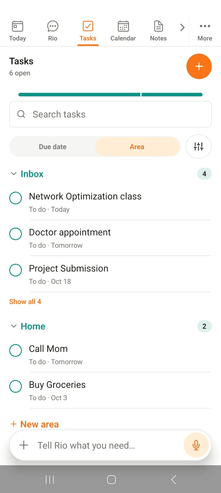 The Tasks page grouped by area