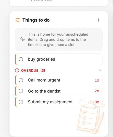 The Things to do panel - due, overdue, and unscheduled tasks