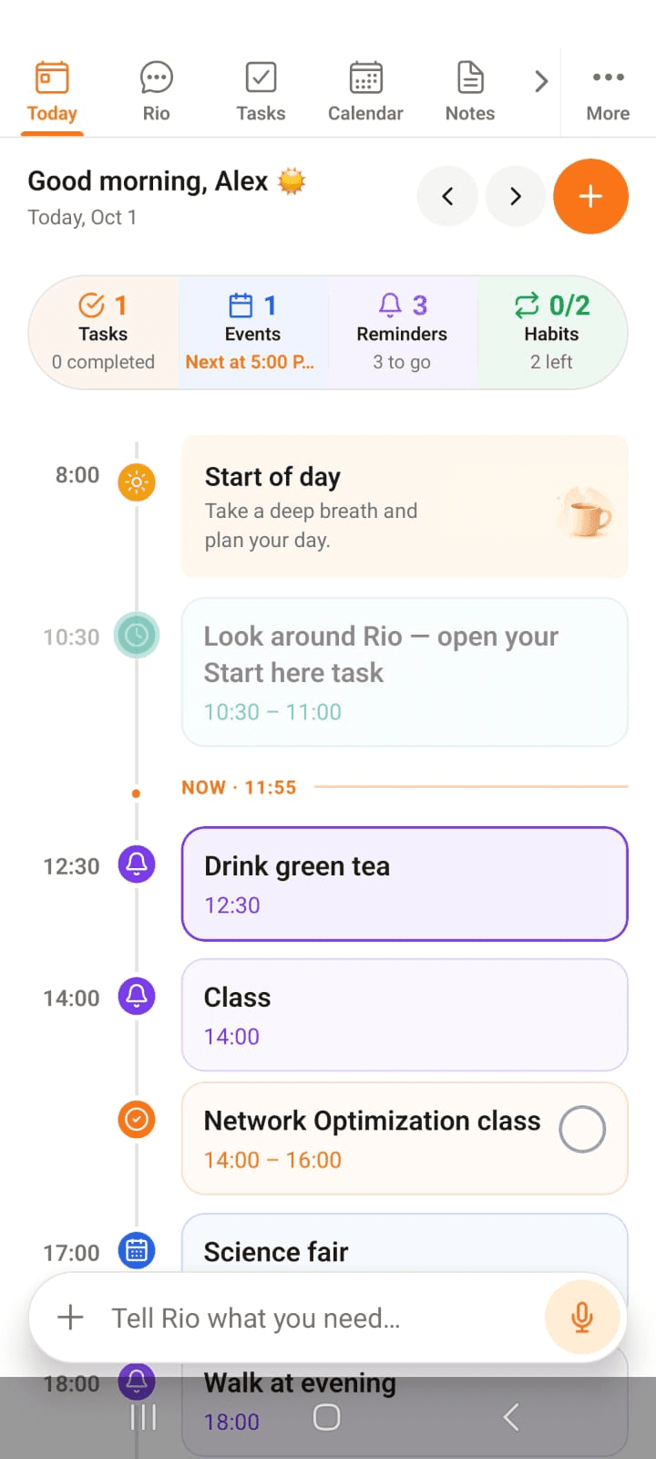 Today's page with the day's timeline