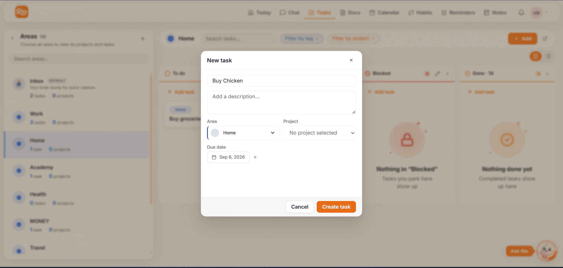 Creating a task inside an area