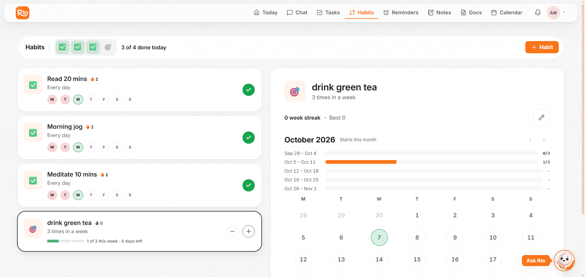 The Habits page - habits with their color-coded statuses