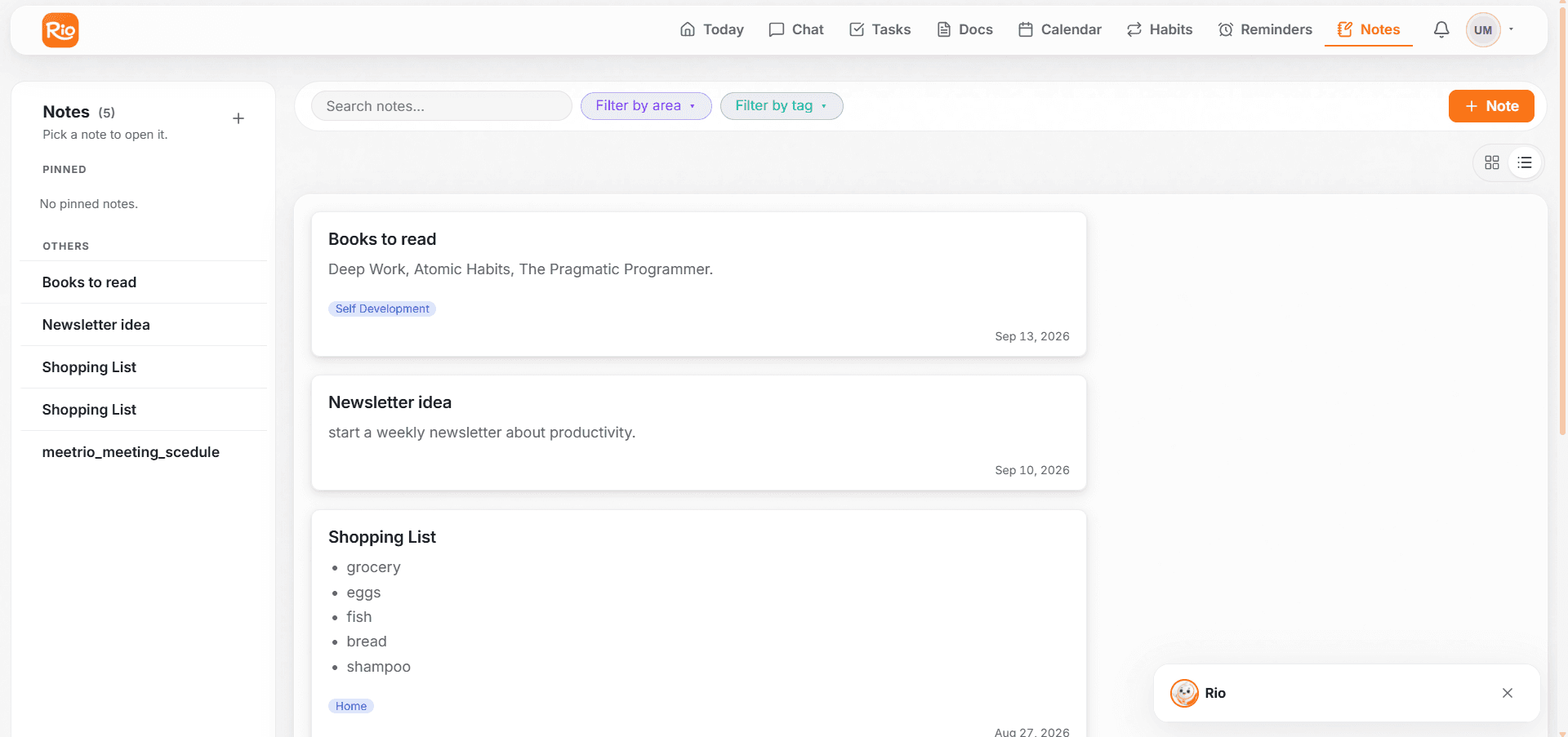 The Notes page with all notes in one place