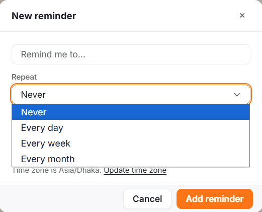 The recurring options when creating a reminder