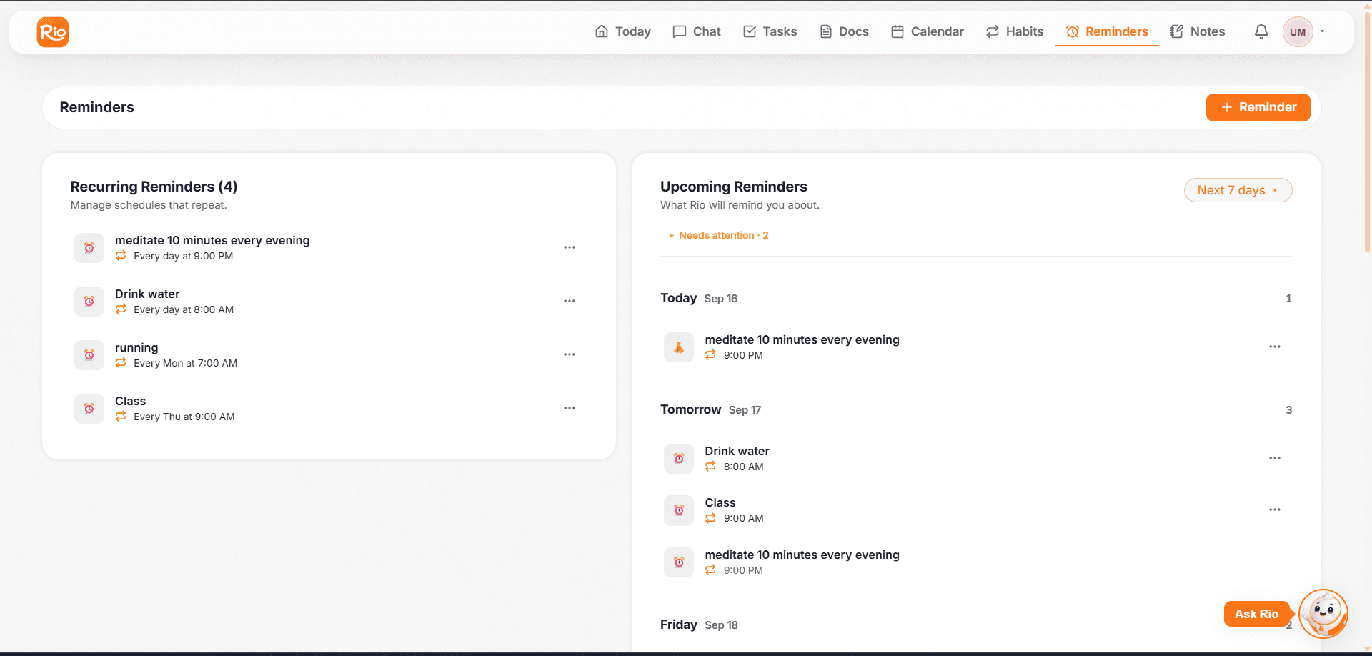 The Reminders page with Recurring and Upcoming lists