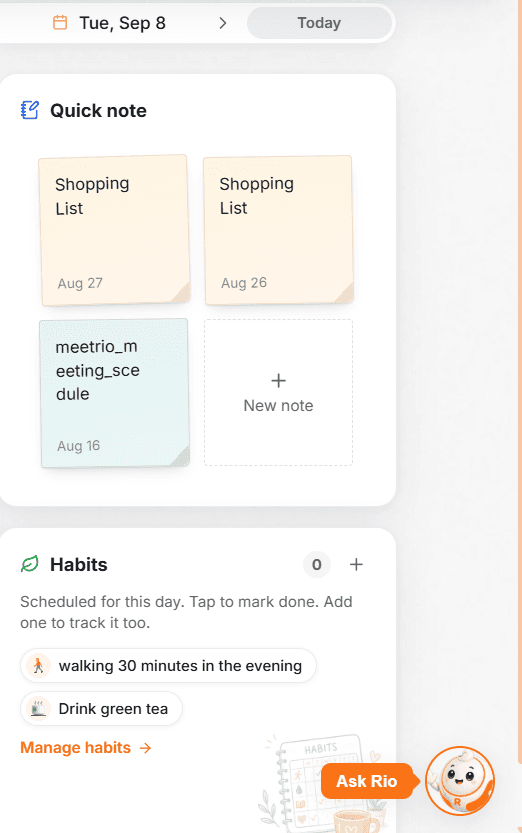 Today's side panels - Quick note, Habits, and Ask Rio